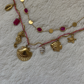 Pembe Oval Taşlı & Pembe İp Detay Charm’lı İkili Çelik Kolye Kombin Seti