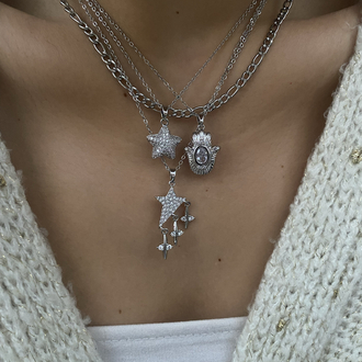 Oval Taşlı Hamsa (Fatma Ana El) Çelik Kolye