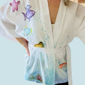 Kimono, hand-painted • Aqua