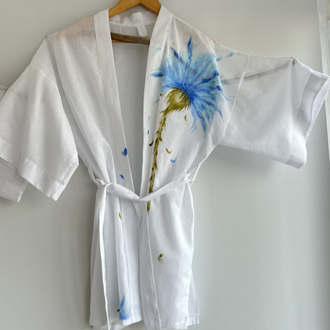Kimono, hand-painted • Blue thorny flower
