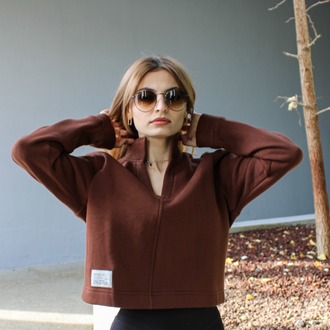 Kahverengi Bloom Crop Hakim Yaka Sweatshirt