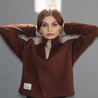 Kahverengi Bloom Crop Hakim Yaka Sweatshirt