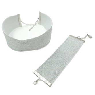 Gümüş Simli Elastik Choker ve Bileklik Seti - Eni 4 cm