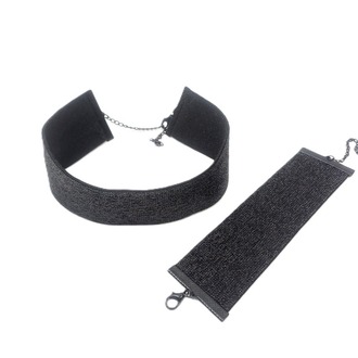Simli Siyah Elastik Choker Bileklik Set - 4 cm Eni