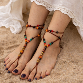 Süet Barefoot Sandal – Renkli Ahşap Boncuklu Çift Halhal
