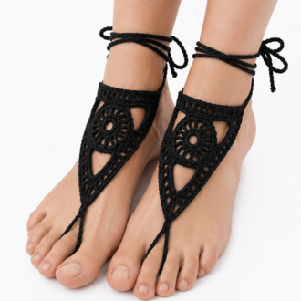 Boho Stil Barefoot Sandal – El Yapımı Siyah Ayak Aksesuarı (Çift)