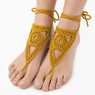 Boho Stil Barefoot Sandal – El Yapımı Hardal Ayak Aksesuarı (Çift)
