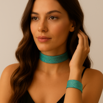 Turkuaz Simli Choker ve Bileklik Seti