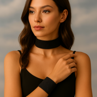 Simli Siyah Elastik Choker Bileklik Set - 4 cm Eni