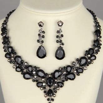 Black Crystal Statement Necklace & Earring Set