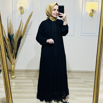 Güpür detaylı viskon elbise SİYAH 