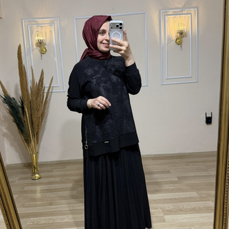Bluzu sim detaylı etekli takım SİYAH 