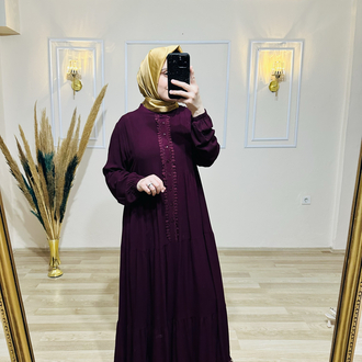 Güpür detaylı viskon elbise BORDO 