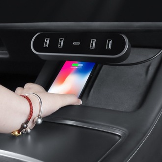 Tesla Model Y / Model 3 Katlanır Orta Konsol USB Girişi Hızlı Şarj 4' lü Kablo Merkezi, Siyah