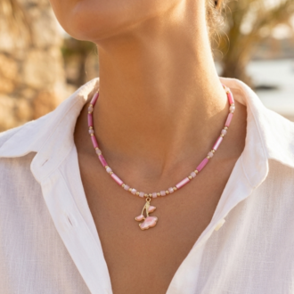  Pembe Sedef Doğal Taşlı Çiçek Kolye