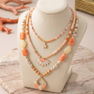 Soft Pembe ve Turuncu Kristal Boncuklu Yıldız Kolye