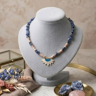 Mistik Bahçe : Lapis Lazuli & Sedef Taşlı Lotus Tasarım Kolye