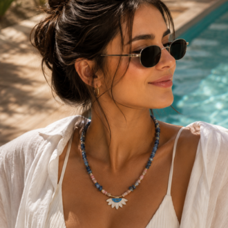 Mistik Bahçe : Lapis Lazuli & Sedef Taşlı Lotus Tasarım Kolye