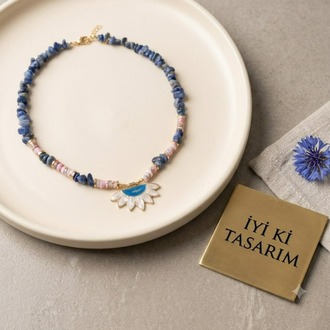 Mistik Bahçe : Lapis Lazuli & Sedef Taşlı Lotus Tasarım Kolye