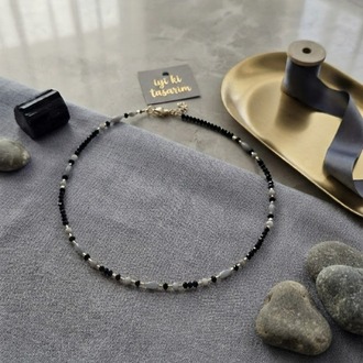 Siyah Kristal & Gri Sedef Choker Kolye