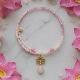 Pembe Kuvars & Sedef Taşlı Lotus Tasarım Sarmal Kolye