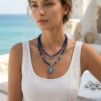Akdeniz Esintili Çiçeki Lapis Lazuli Kolye Seti