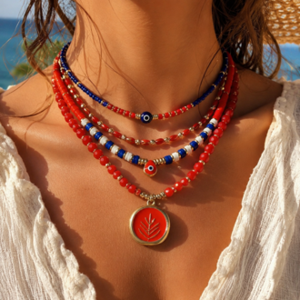 Coastal Chic Layers: Kırmızı 4'lü Bohem Kolye
