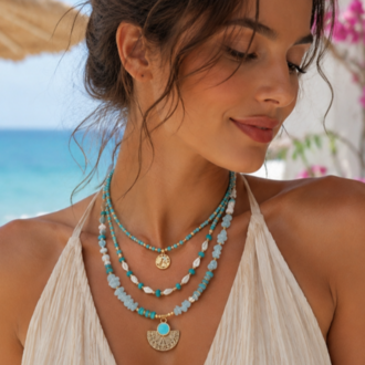 Ocean Dream: Mavi Sedef Diskli & Akuamarin Doğal Taşlı Etnik Gold Kolye