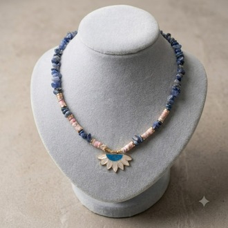 Mistik Bahçe : Lapis Lazuli & Sedef Taşlı Lotus Tasarım Kolye