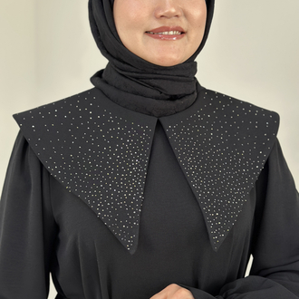 Taşlı Dev Yaka Elbise Siyah