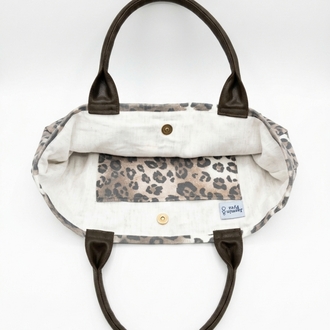 Denim kumaş, leopar XL el çantası 