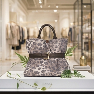 Denim kumaş, leopar XL el çantası 