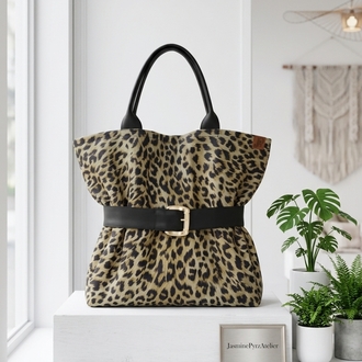 Yeşil leopar kumaş, XL el çantası