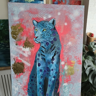 Dreams Serisi – Mavi Leopar | 70x100 cm Akrilik & Karışık Teknik