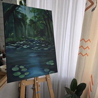 Yeşilin Hikâyesi – 50x70 Yağlı Boya Orman ve Su Temalı Özgün Tablo