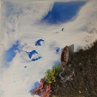 Kıyıda Bekleyen karışık teknik tablo (30x30 cm)