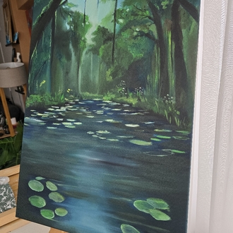Yeşilin Hikâyesi – 50x70 Yağlı Boya Orman ve Su Temalı Özgün Tablo