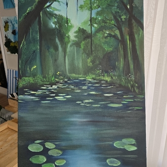 Yeşilin Hikâyesi – 50x70 Yağlı Boya Orman ve Su Temalı Özgün Tablo