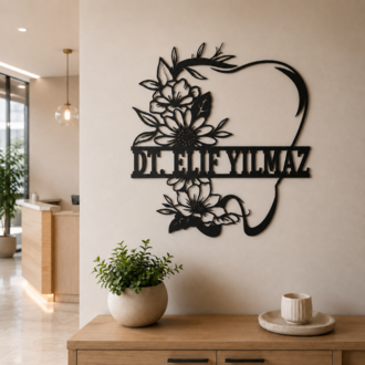 Kişiye Özel Diş Hekimi Metal Duvar Dekoru |İsimli Çiçekli Diş Tasarımı |Klinik Dekoru
