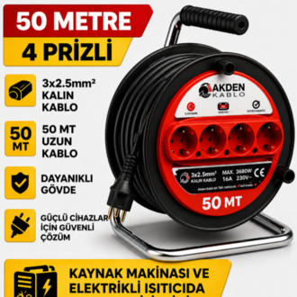 AKDEN Kablo 50 Metre 3x2,5mm Makaralı Uzatma Kablosu Tam Kesit Kaynak Makinası Kullanıma Uygundur