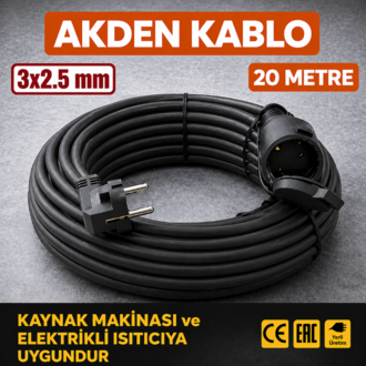 AKDEN Kablo 20 Metre 3x2,5mm 3*Lü Uzatma Kablosu Tam Kesit Kaynak Makinası Kullanıma Uygundur