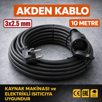 AKDEN Kablo 10 Metre 3x2,5mm Uzatma Kablosu Tam Kesit Kaynak Makinası Kullanıma Uygundur