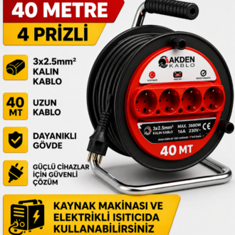 AKDEN Kablo 40 Metre 3x2,5mm Makaralı Uzatma Kablosu Tam Kesit Kaynak Makinası Kullanıma Uygundur