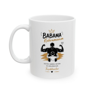KAFA BASKI Babama Kahramanım Yazılı Porselen Kupa Bardak – Baba ve Çocuk Duygusal Hediye
