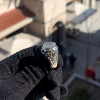 Akik Taşlı Gravürlü Gümüş Yüzük