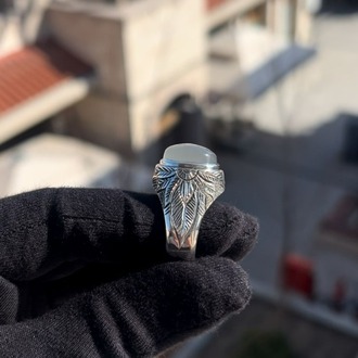 Akik Taşlı Gravürlü Gümüş Yüzük