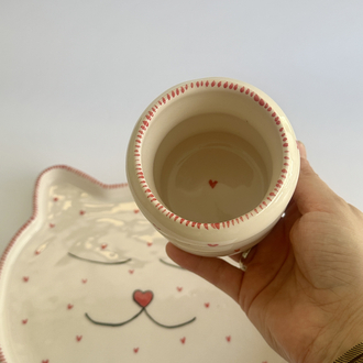 Kalpli Kedi Seramik Kahvaltı Seti – El Yapımı Tabak ve Bardak