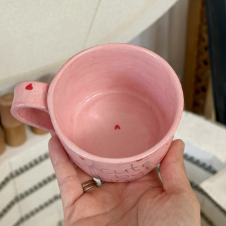 Cute But Tired Pembe El Yapımı Seramik Kupa | Kalpli Kahve Kupası