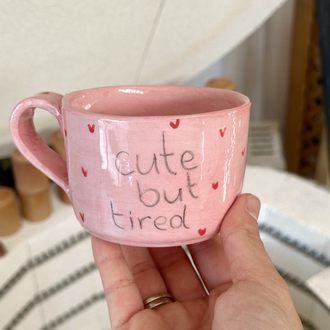 Cute But Tired Pembe El Yapımı Seramik Kupa | Kalpli Kahve Kupası
