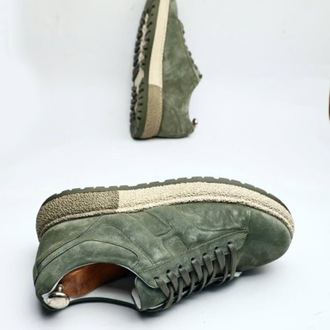 Hakiki Deri Süet  El Yapımı Haki Renk Erkek Sneakers